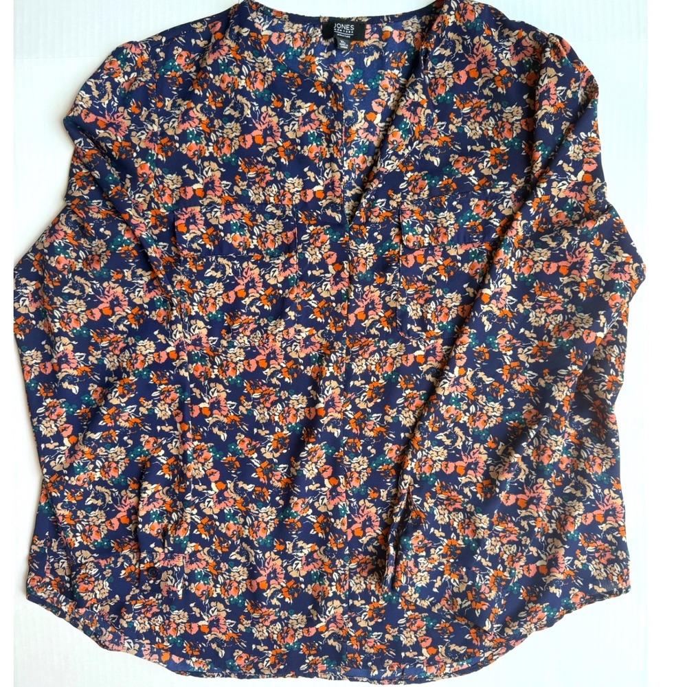 Jones New York Signature Floral V-Neck Blouse Top XL Blue Orange